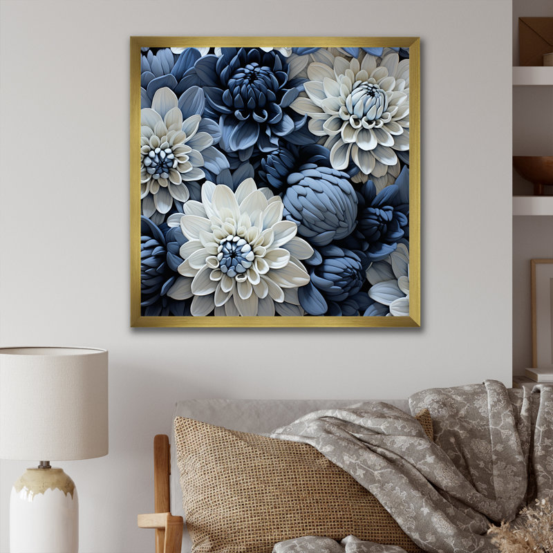 «Graceful Mums» noir et bleu pâle, peinture sur toile, Cadre doré simple, H 24 po x l 24 po x P 1 po