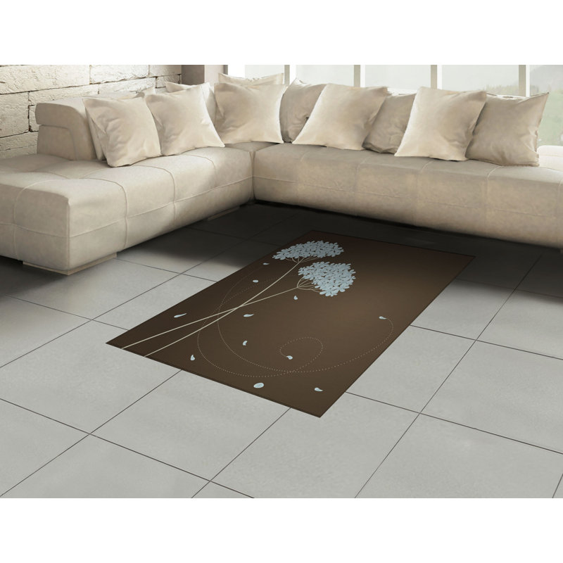 Tapis décoratif brun et bleu en fibre de polyester à haute densité, Rectangle— 4 pi x 5 pi 8 po
