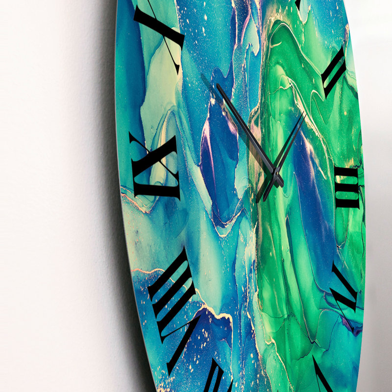 Bleu et vert, art liquide abstrait I - horloge murale moderne, Moyen