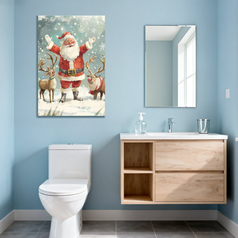 Père Noël avec des rennes dans une scène enneigée, H 30 po x l 20 po
