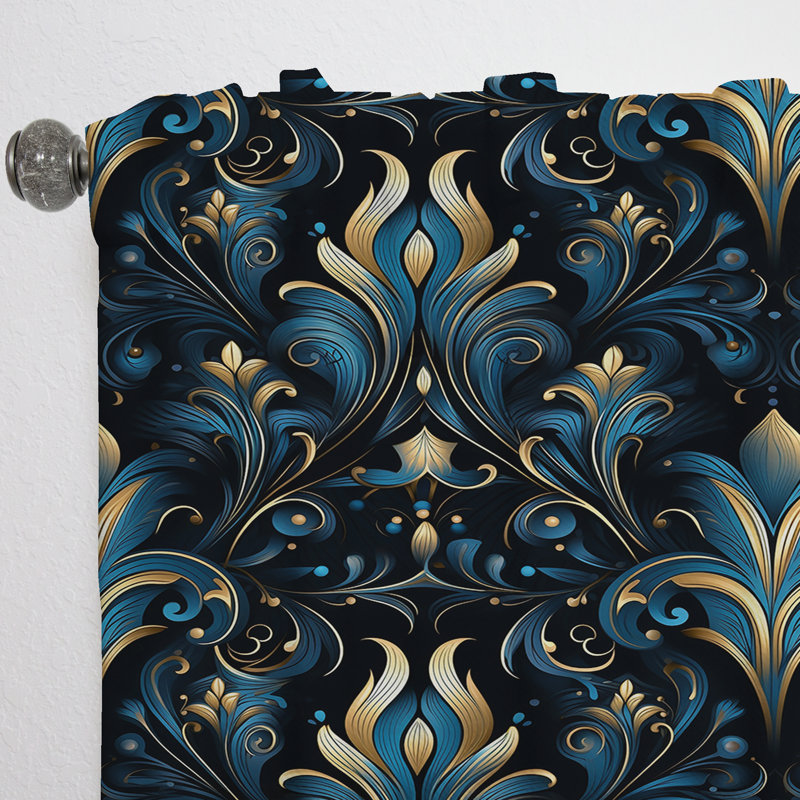 Blue And Golden Luxury Flower Pattern III - Ikat Curtain - Velvet Room Darkening - 1 Panel, 52" W x 108" L