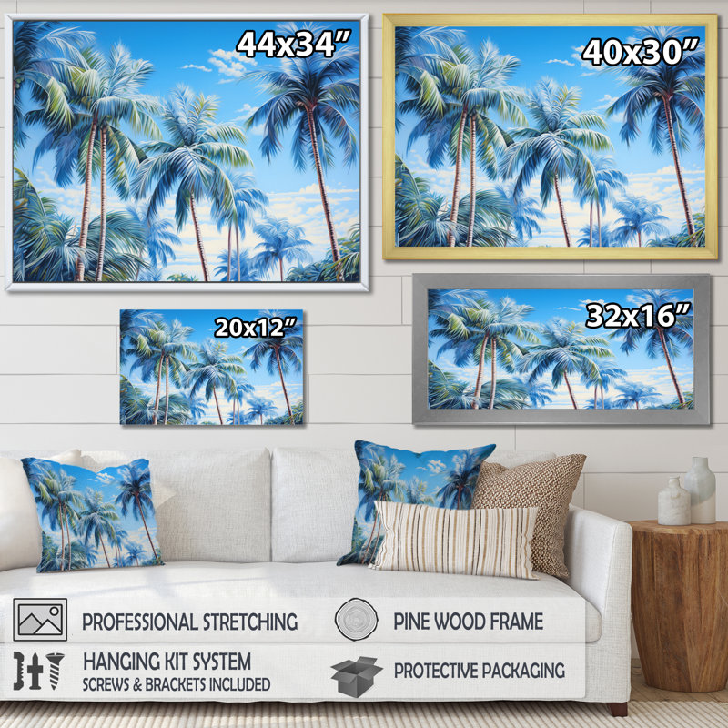 " Blue Palms Trees Symphony ", 24" H x 32" W x 1" D, Silver Picture Framed