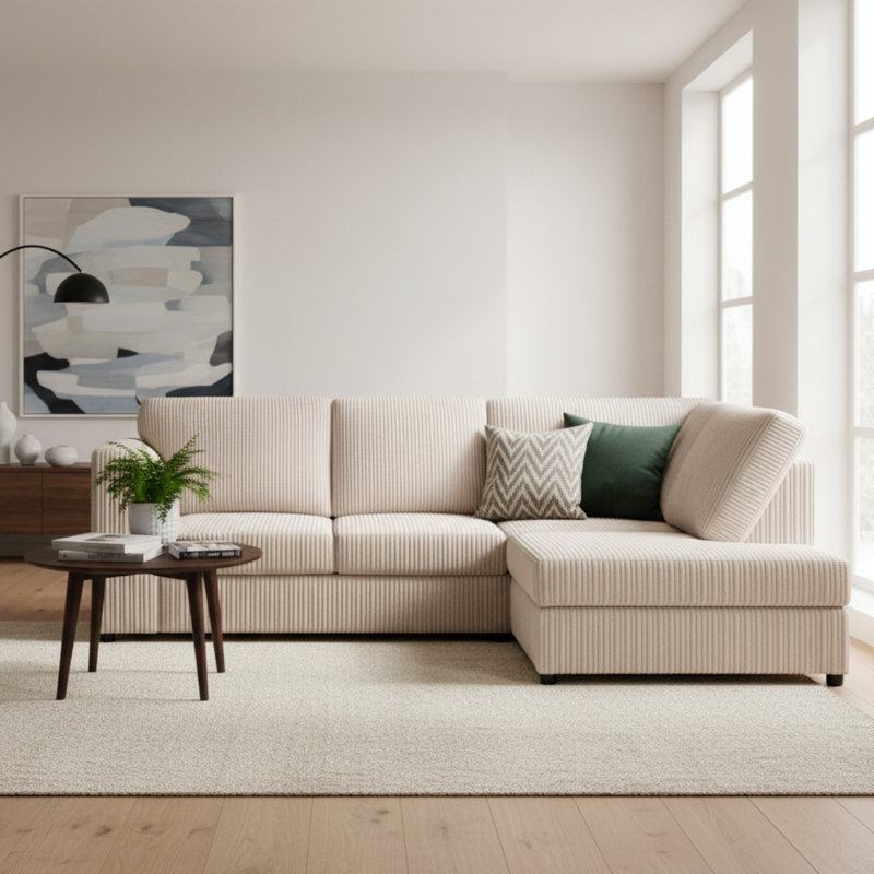 Jumbo Cord Hand Facing Corner Sofa With Footstool, Right Hand Facing, Cream
