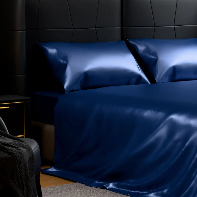 Ensemble de draps en satin pleine grandeur 4 pièces - Poche profonde de 15 pouces, literie rafraîchissante soyeuse, infroissable et résistante à la décoloration, facile d'entretien - bleu royal