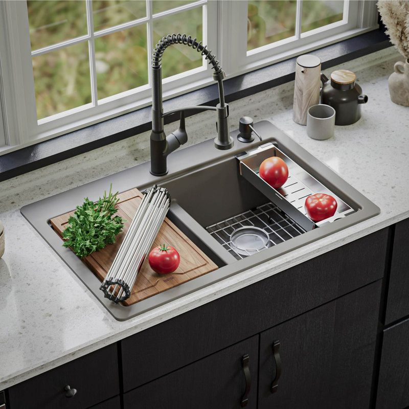 Quartz Top Mount Sinks 33'' L Double Bowl Kitchen Sink, Concrete