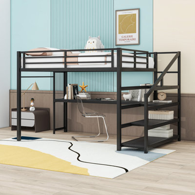 Queen Size Loft Bed With And Storage Stairs, LED Lights, USB Ports And Integrated Desk