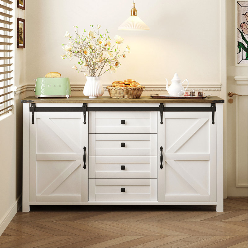 55.1-Inch Sideboard With Storage,Farmhouse Storage Cabinet With Sliding Barn Doors And 4 Drawers, Wood Buffet Table With Power Outlet