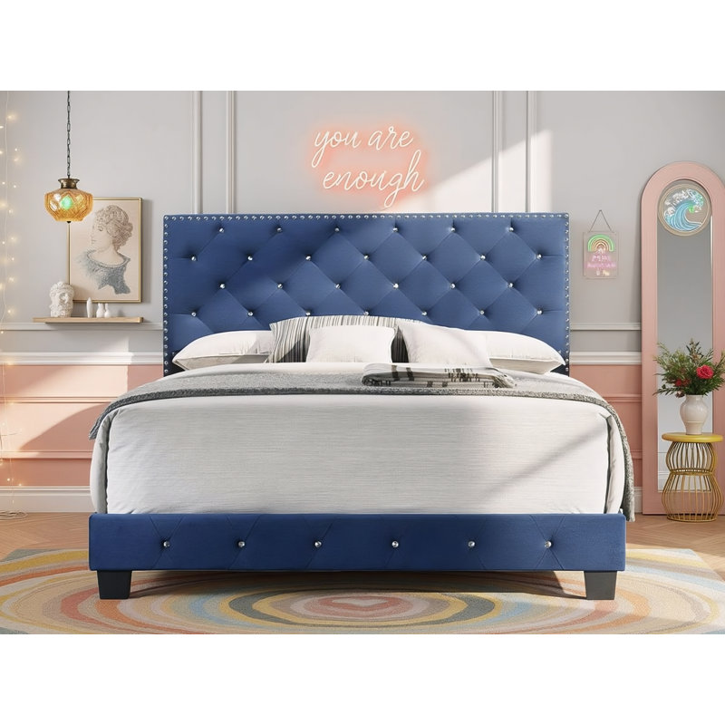 Lit double en velours bleu marine Modena, Double, Marine