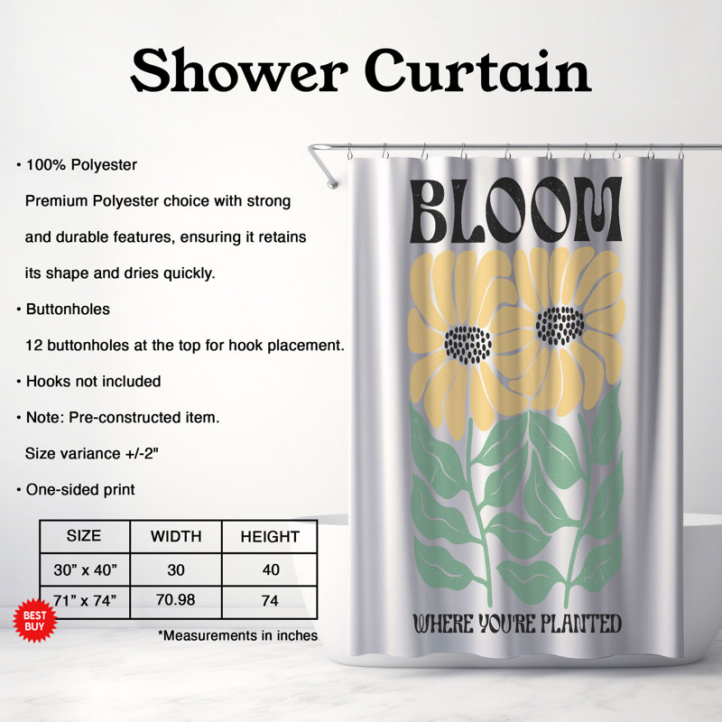 Bloom As You Are - 1 Piece Premium Shower Curtain, H 74 po x l 71 po