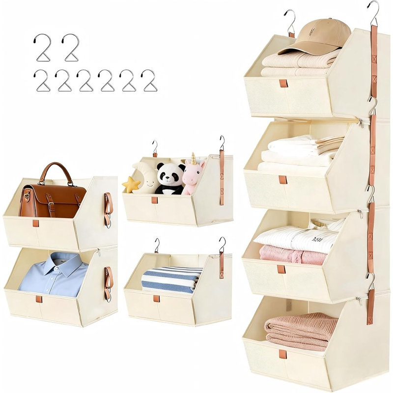 Organisateur de garde-robe suspendu à 4 niveaux avec tablettes en tissu pliables pour un rangement des vêtements peu encombrant