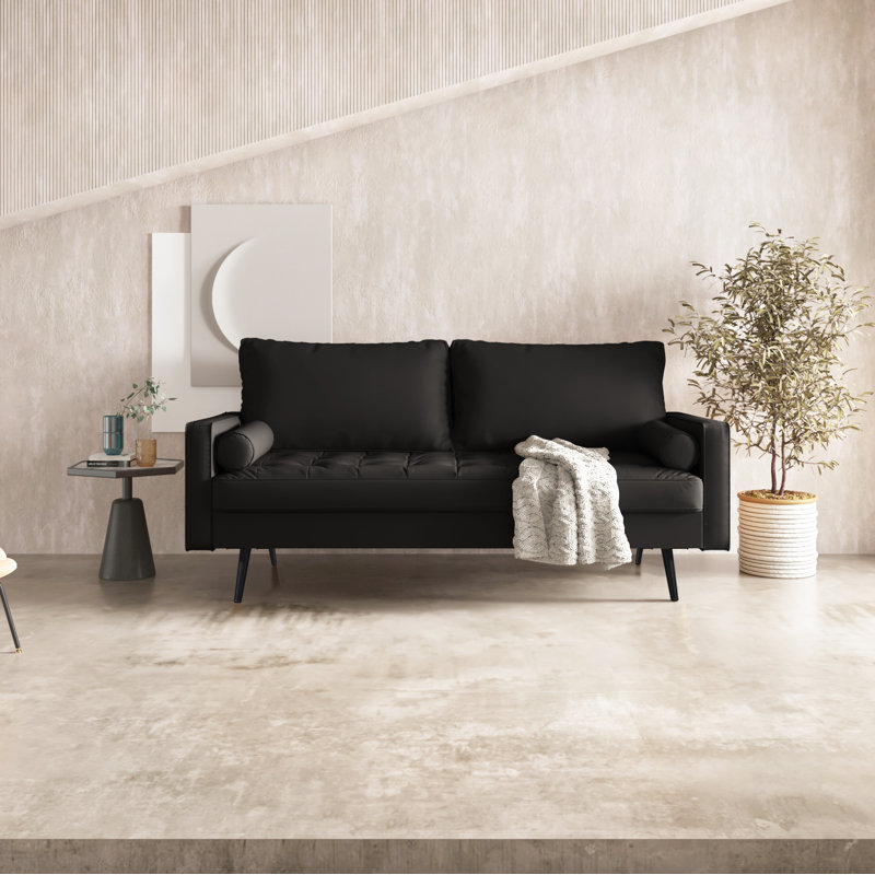 Ilenas 70" Faux Leather Square Arm Sofa, Black