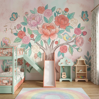 Papier peint floral avec aquarelle et papillons