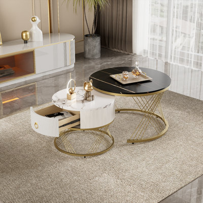 Round Nesting Coffee Table Set Marble Effect Drawer Gold Metal Legs Side End Units Living Room Furniture Base, White & Black