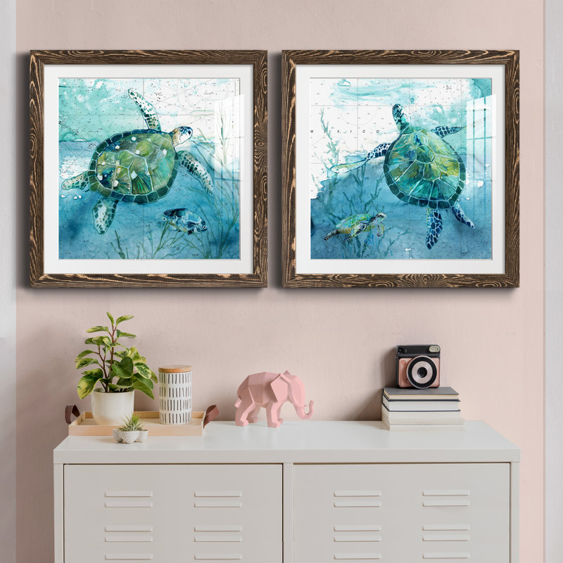 «Island Swim I», ensemble de 2 peintures, Papier dans un cadre photo, H 17 po x l 34 po, Érable