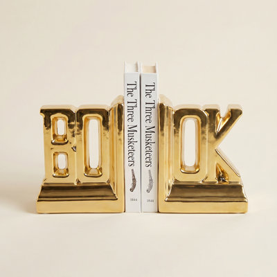 Ensemble de 2 serre-livres dorés en céramique dorée, base antidérapante, finition dorée miroir, bibliothèque pour la maison, bureau et tablette