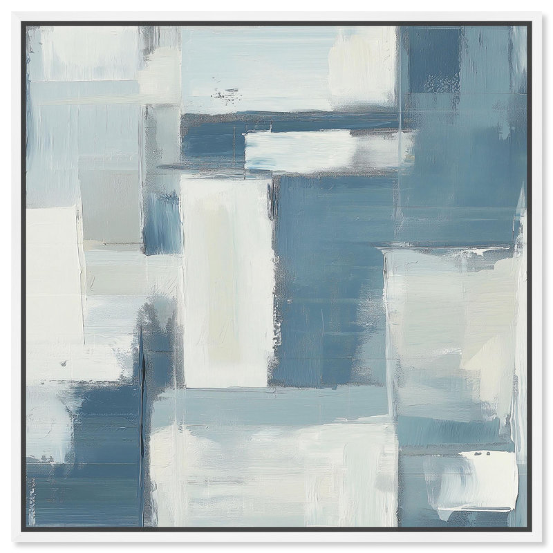Art abstrait bleu déconstruit par III , H 25 po x l 25 po, Cadre flottant blanc