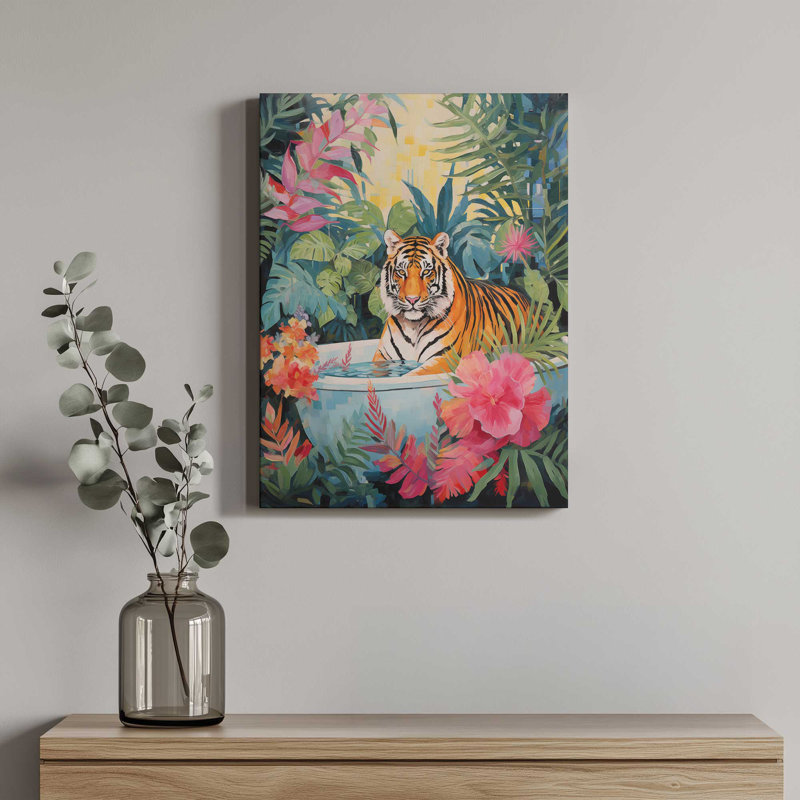 «Tiger Tropical Retreat» par Heidi Kuntz, reproduction d'art, Toile avec cadre, L 18 po x H 24 po, Doré