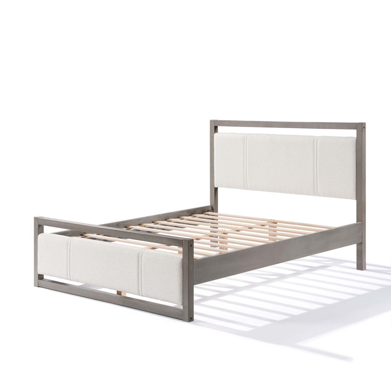 Lit avec tête de lit en tissu ivoire, structure en bois, Grand