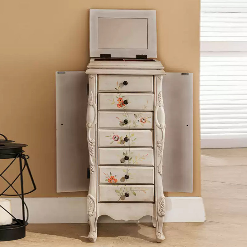 Meuble de rangement à bijoux de style campagnard américain en bouleau massif avec miroir rabattable