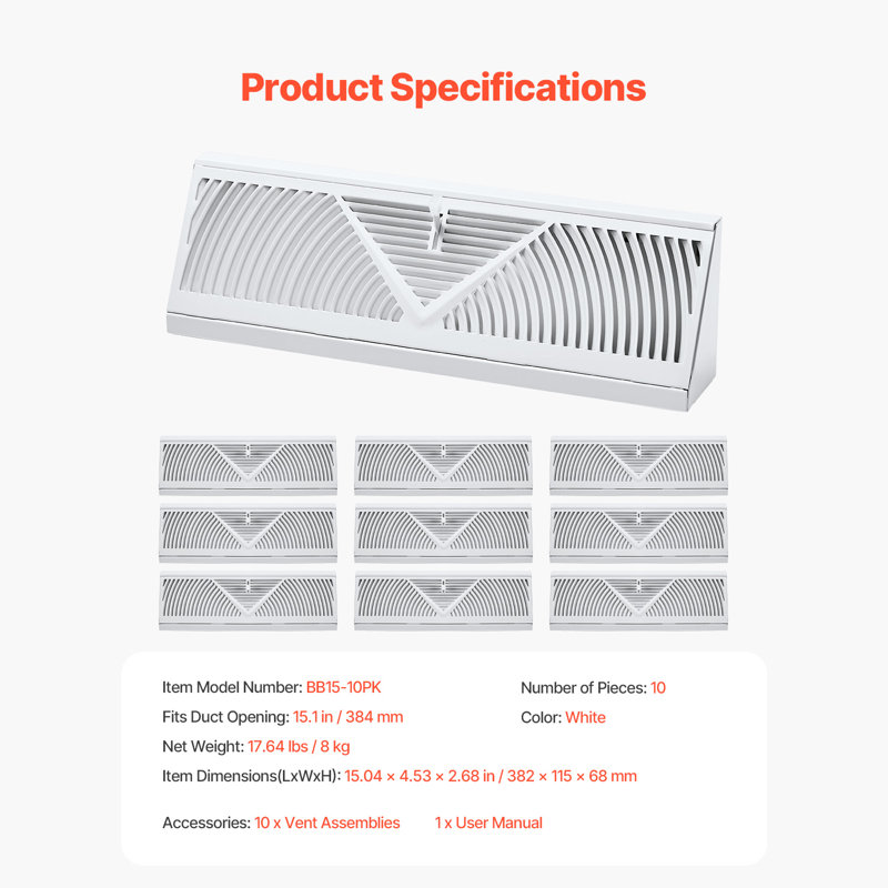 Registres de plancher de 15 pouces, paquets de 10 plinthes, évents de plancher en fer résistants au CVC, déflecteurs d'air anti-pelage antirouille réglables avec amortisseur en métal pour la maison et le bureau, blanc
