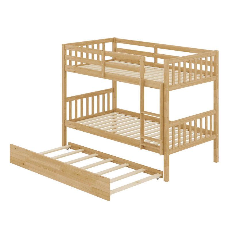 Rubber Wood Bunkbed With Trundle And Ladder,Convertible Into Two Beds, White Oak