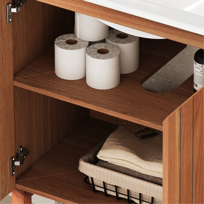 Meuble-lavabo vintage minimaliste, lavabo en céramique, 45 degrés, rangement spacieux, meuble-lavabo à finition naturelle de 30 po avec motif, décor, look utilisateur