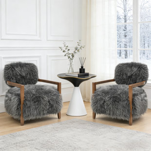 2-Pieces Modern Faux Fur Accent Chair With Wooden Arms Upholstered Comfy Bedroom Chair Soft Armchair For Living Room, Bedroom (Ensemble de 2)