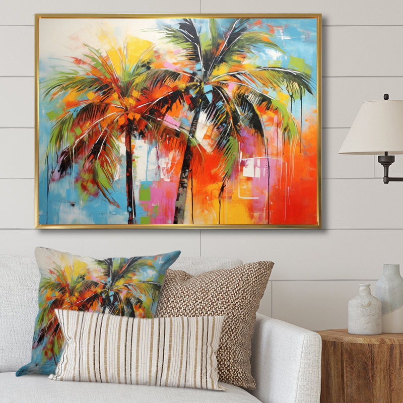 Popart Palm Trees I On Canvas Print, 24" H x 32" W x 1" D, Gold Floater Framed