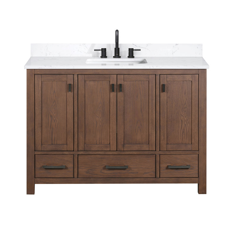 Modero 48" Single Bathroom Vanity with Top, Black, Mocha Oak, Cala White Marble