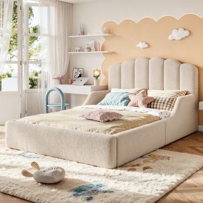 Lit de sol entièrement recouvert de tissu Teddy, lit enfant élégant et rembourré, cadre de lit enfant bas, lit de sol rembourré en peluche douce pour enfants et adolescents. Beige
