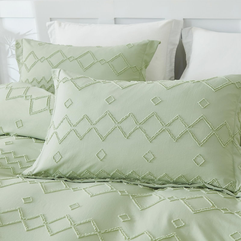 Ensemble de housse de couette Boho EMME, Vert géométrique, Housse de couette pour grand lit et 2 taies décor