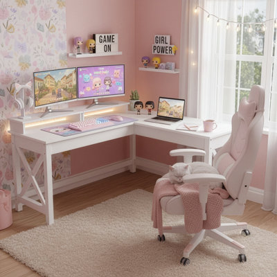 Bureau d'ordinateur en L avec pieds en X Lavish Home, finition blanche