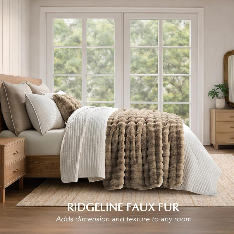 Ridgeline Faux Fur Throw Blanket, 80" L x 60" W, Greige