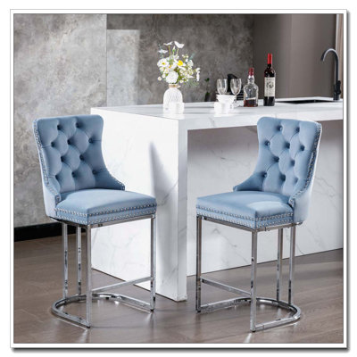 Tabourets de bar en velours avec dossier et garniture de rivets