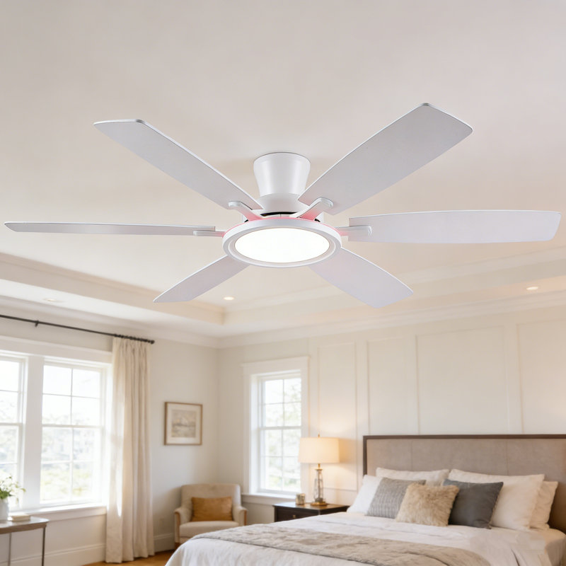 Ventilateurs de plafond blancs 55 pouces à 6 pales avec lumières et télécommande, veilleuse multicolore RVB, Blanc