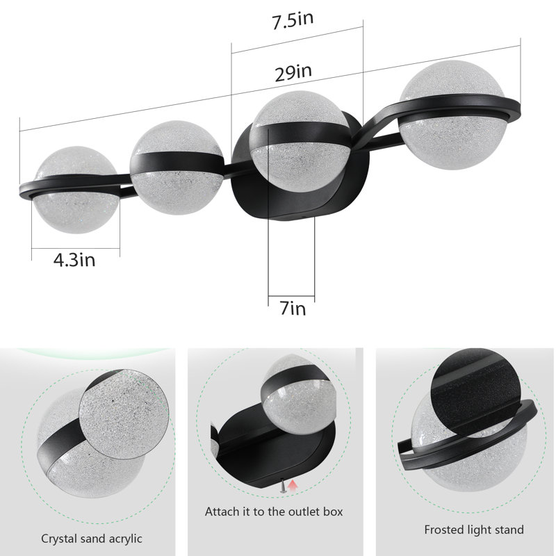 Luminaire de salle de bain minimaliste à DEL noir avec abat-jour en acrylique sable cristal, luminaire décoratif mural 4 lumières