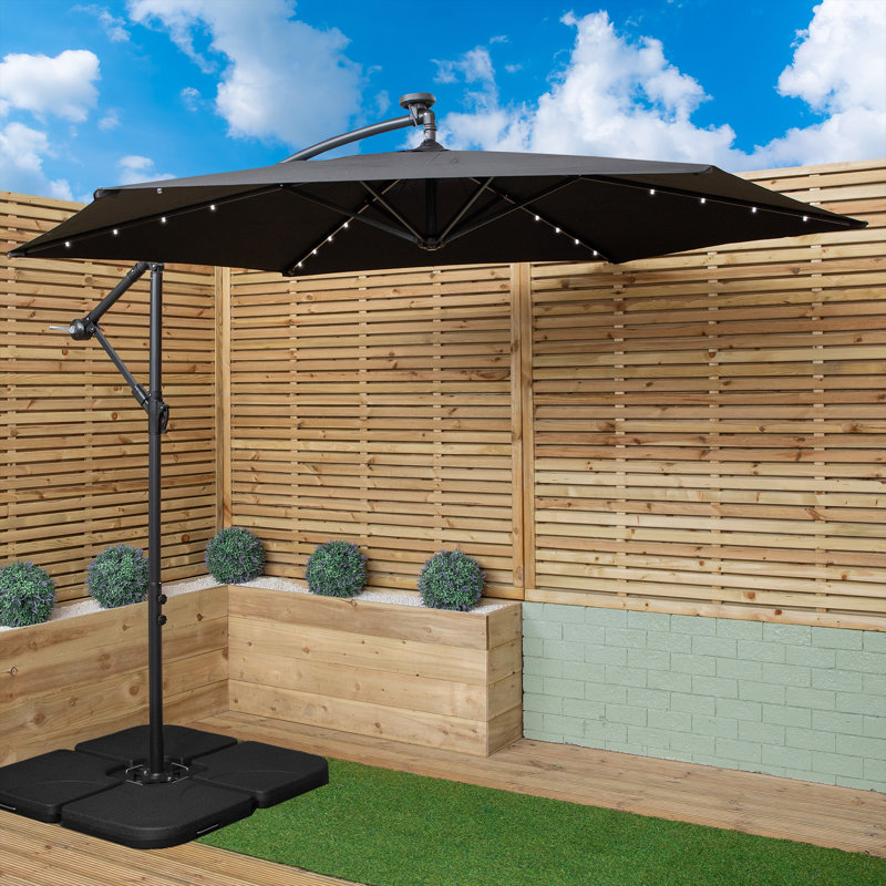 3m Solar Powered Lit Banana Cantilever Garden Parasol with LEDs & Base Weights Included, Black
