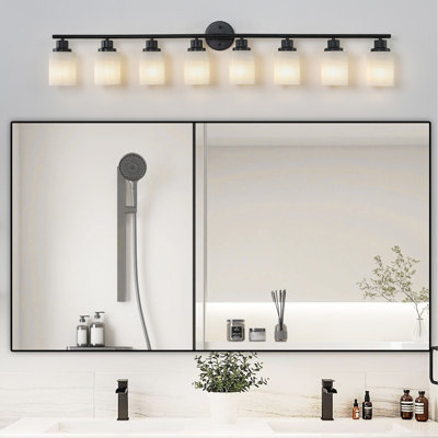 Miroir de salle de bain moderne à 52 lumières de 52 po pour salle de bain, verre blanc givré avec cadre en fer noir, applique murale contemporaine pour chambre à coucher, salle de bain et vestiaire (ampoule non incluse)