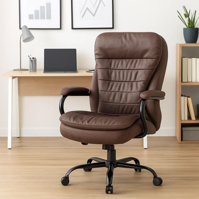Ava Rolling Oversized Office Chair, Swivel, Brown Faux Leather, 400Lbs, Bomber Brown