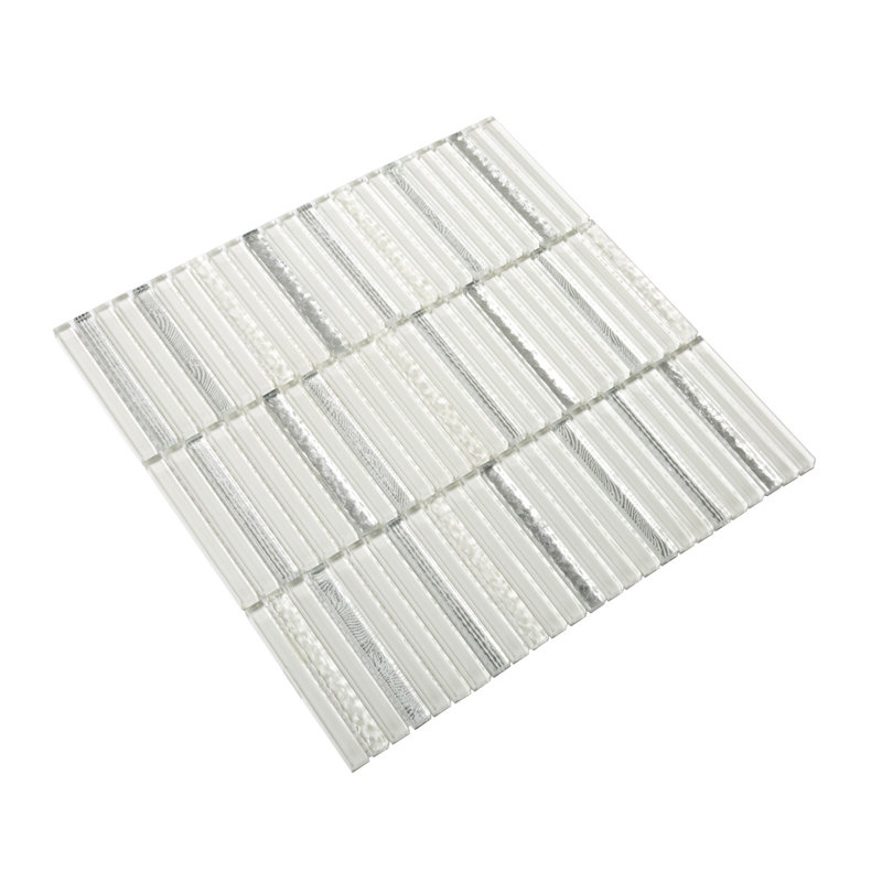 11.8" X 11.8" Glass Mosaic Tile, White/Silver