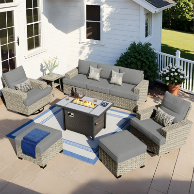 Dzion Outdoor Wicker 5 Person Seating Group With Cushions And Ottomans
