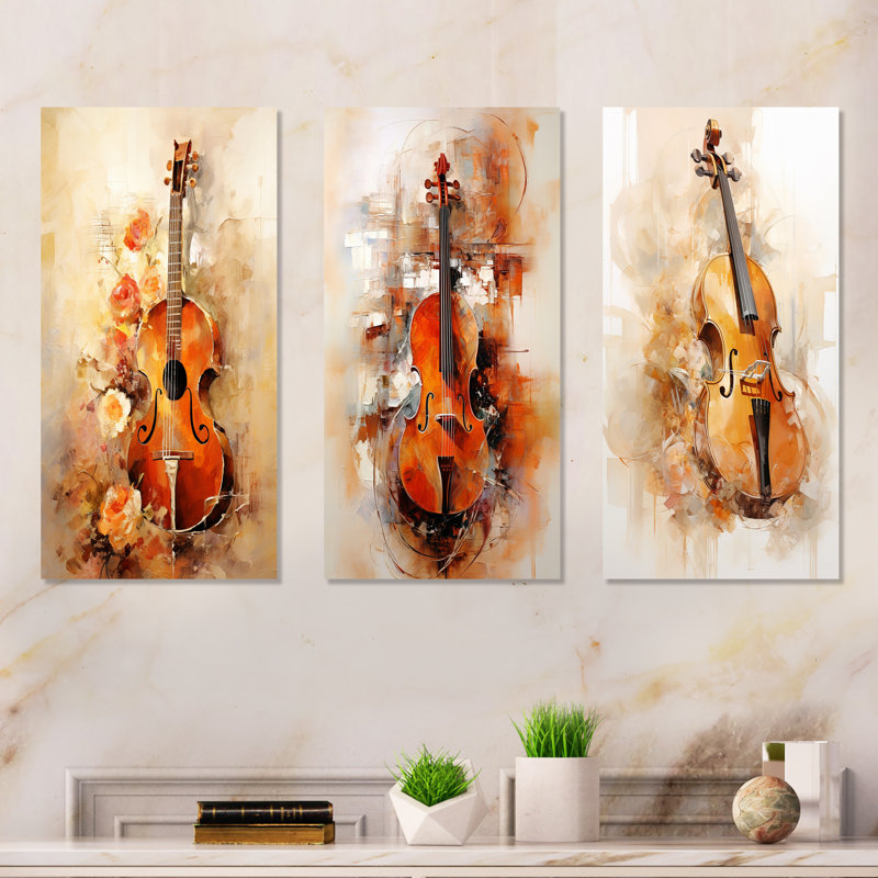 Violin Mandolin Melody Sienna Serenade - Music Metal Wall Art Prints Set Of 3, 28" H x 36" W