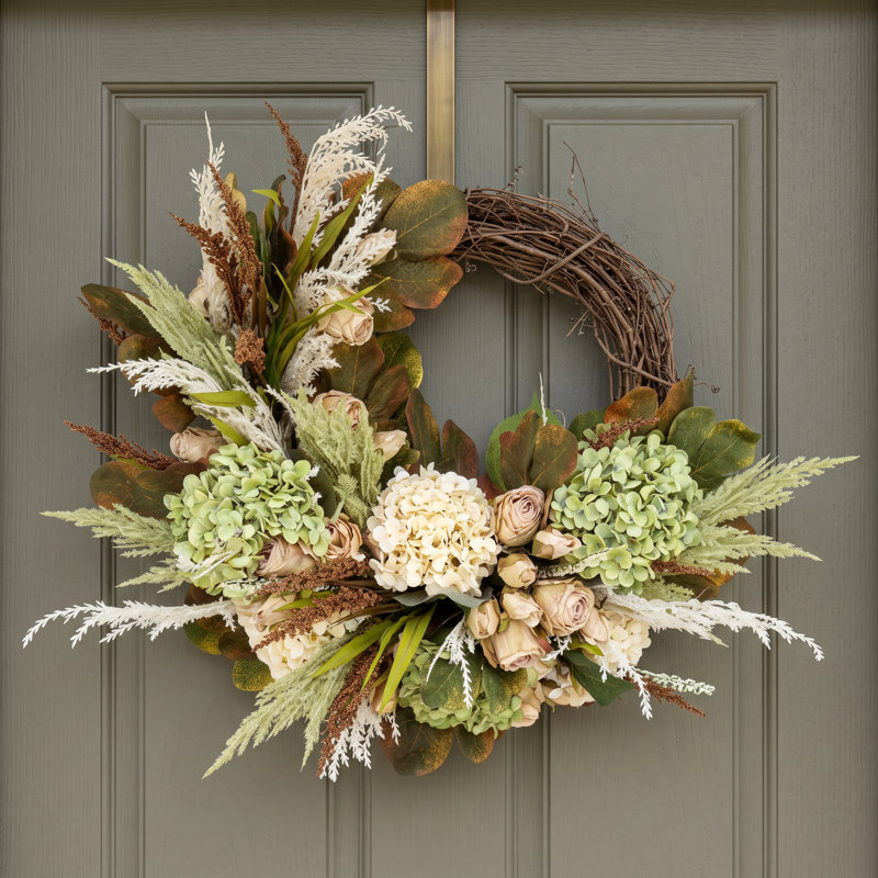 28"  Grapevine Wreath with Roses, Hydrangeas and Pampas