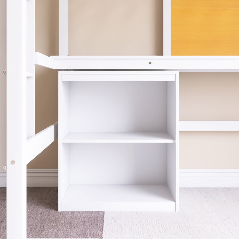 Lit mezzanine à structure en bois avec bureau et tableau d'écriture, Lit simple, Blanc