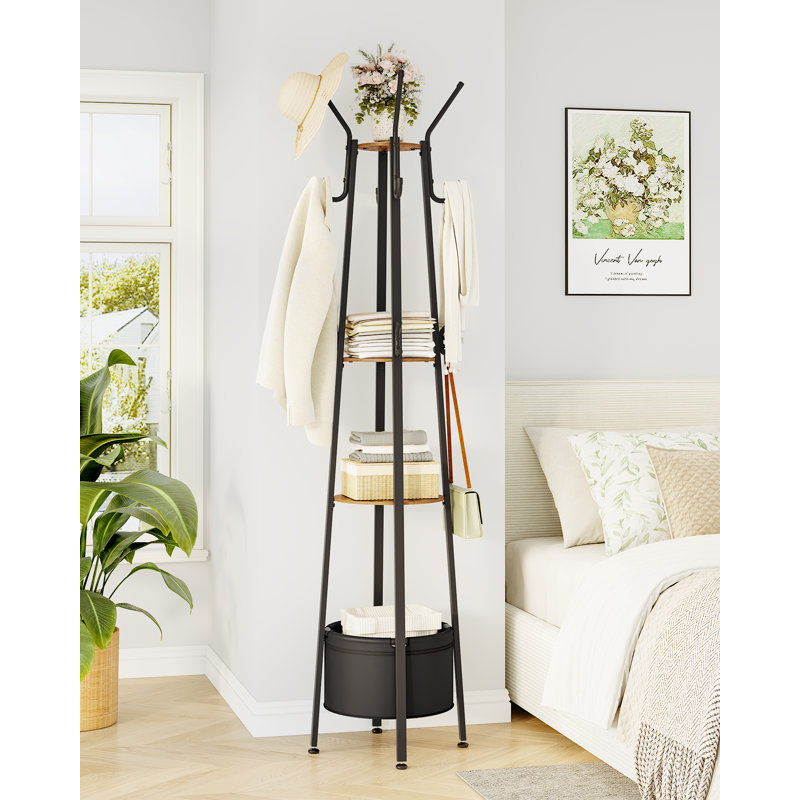 Coat Stand, Coat Rack with 16 Hooks and 1 Basket, Metal Coats Hall Tree for Scarves, Bags, Hats, FreeStanding, Hallway, Living Room, Bedroom, Office