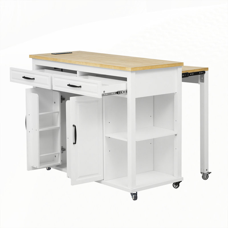 Îlot de cuisine 47 po avec table de salle à manger extensible, White