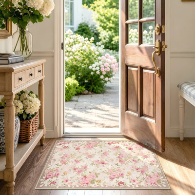 Vintage Floral Machine Washable Area Rug with Non-Slip Backing