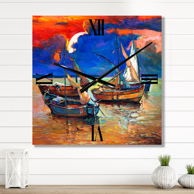 Horloge murale bateaux de pêche sur l'eau avec ciel I, Grand