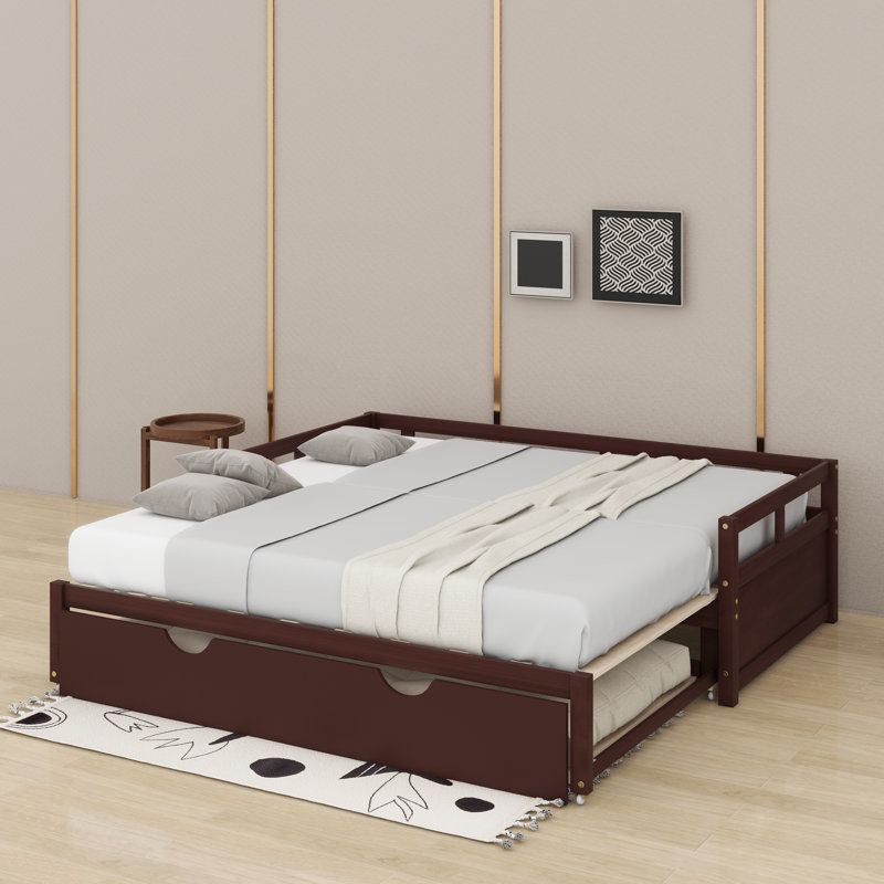 Lit de jour extensible simple avec lit gigogne, lit de jour en bois avec lit gigogne, Espresso