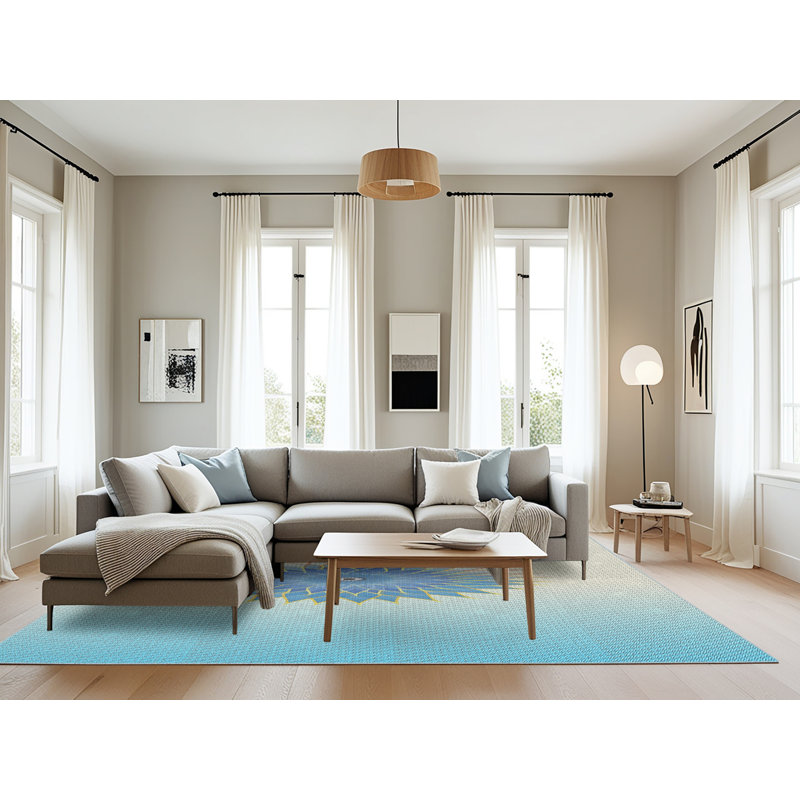 Laine tissée à la main et polyester beige/bleu ciel Tapis décoratif, Rectangle de 8 pi x 10 pi
